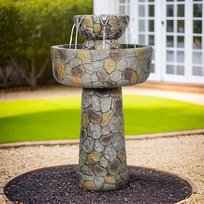 SunJet 25.7” High x 15.3” Diameter Concrete Bird Bath with Faux Stone Finish - Outdoor Water Fountain with Electric Pump - Birdbath for Garden, Patio, Yard, Lawn Décor by GreenHaven Gardens
