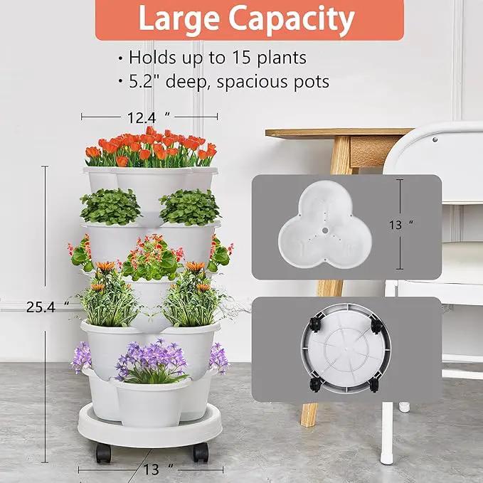 VECELO 5 Tier Vertical Garden Planter, Self Watering Stackable Planters with Wheels for Strawberries, Herbs, Flowers, Vegetables, White by GreenHaven Gardens