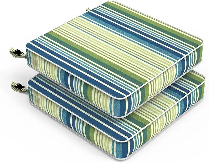 LVTXIII Patio Chair Cushions 22"x22"x3", Water-Repellent Outdoor Seat Cushions for Patio Furniture, Square Chair Pads with Ties for Home Garden Decoration, Set of 2, Stripe Blue Green by GreenHaven Gardens