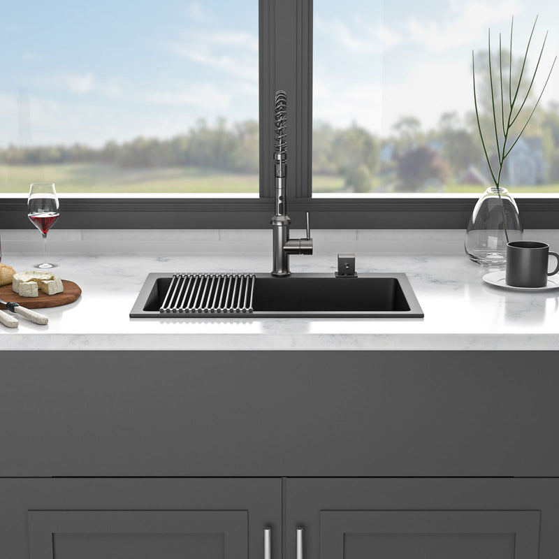 Kitchen Sink Granite Composite Drop In Sink With Durable Material - Black by HouseOfZazla