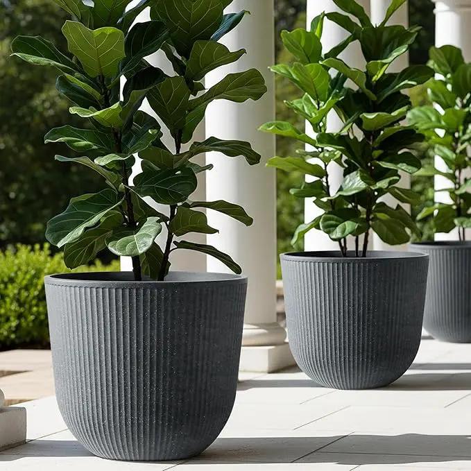 WORTH Garden Round Large Planter Pot Set of 2-17.5" Dia x 15.5" H - Durable Plastic Grey Plant Tree Pots with Vertical Stripe Textured Finish, Drainage Hole for Indoor, Outdoor, Front Porch, Patio by GreenHaven Gardens