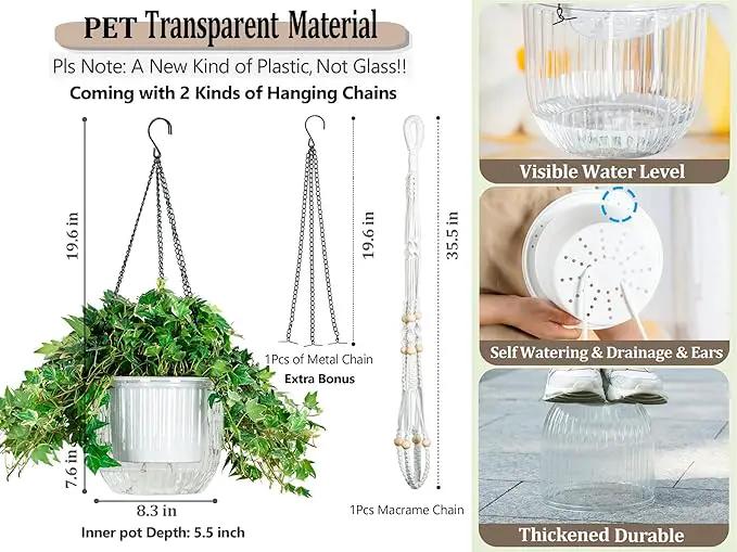Melphoe Self Watering Hanging Planters for Indoor Plants, 1 Pack 8.3 Inch Outdoor Hanging Plant Pot Basket, 2 Kinds of Hangers Macrame 35.5’’ & Metal Chain 19.6’’ for Garden Home Decor by GreenHaven Gardens