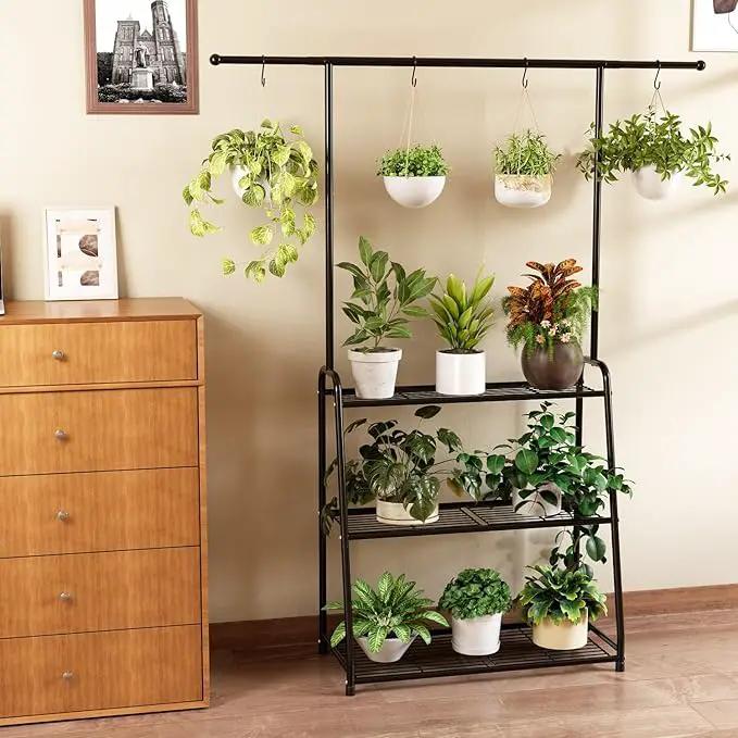3-Tier Heavy-Duty Metal Plant Stand for Indoor and Outdoor Use, Hanging Plant Shelf for Multiple Flower Planter Holder, Tall Large Rack Ideal for Living Room, Garden, Balcony, Black by GreenHaven Gardens