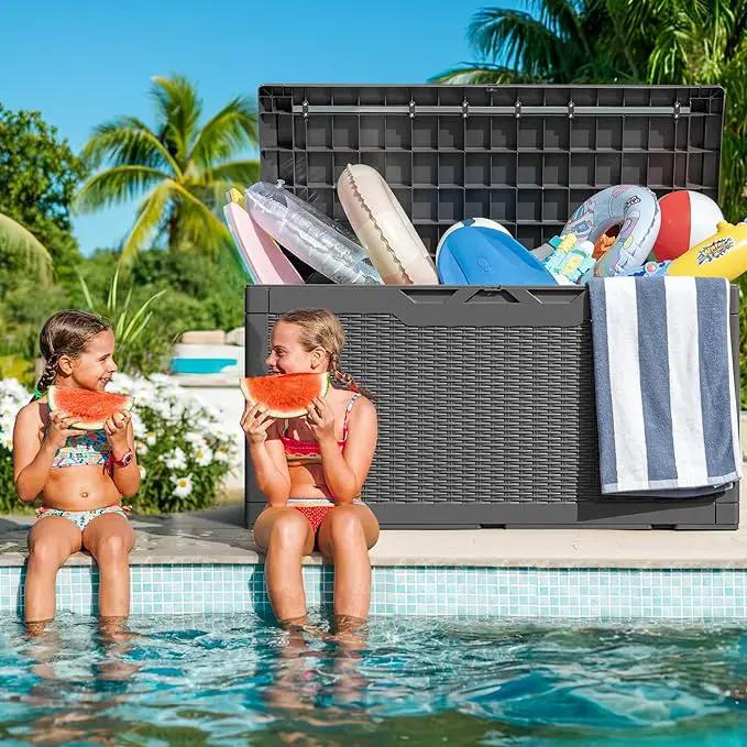Greesum 100 Gallon Resin Deck Box Large Outdoor Storage with Cushions for Patio Furniture, Garden Tools, Pool Supplies, Weatherproof and UV Resistant, Lockable,Gray by GreenHaven Gardens