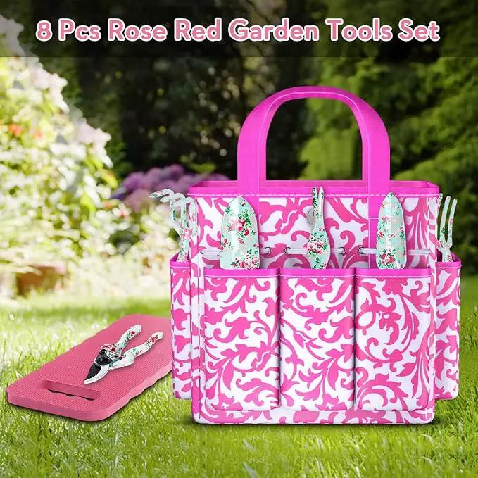 Gardening Tools, 8 Pcs Heavy Duty Floral Garden Tool Set Birthday Gifts for Women WANCHI Rose Red Gardening Kit (Garden Tool Bag Kneeling Pad Weeder Fork Hand Rake Pruning Shears Trowel Transplanter) by GreenHaven Gardens
