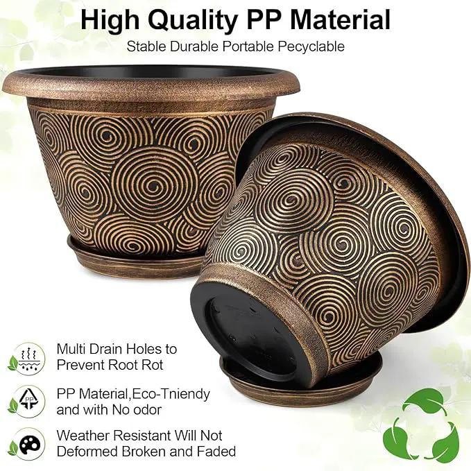 10 Inch Flower Pots Planters for Indoor Outdoor Plants, 3 Pack Plastic Large Plant Pots with Drainage Hole & Tray, Modern Decorative Garden Pot with Saucer, Plant Container for House by GreenHaven Gardens