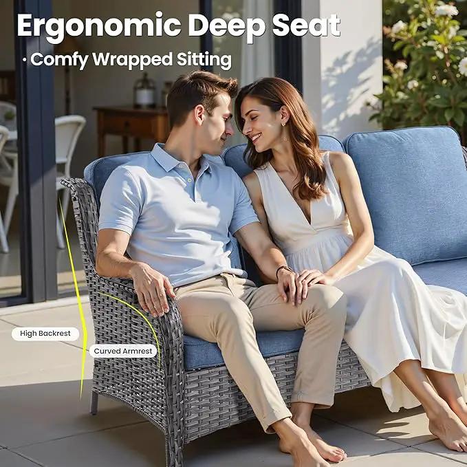 ovios 6 Pieces Patio Furniture Set, Outdoor Wicker Sofas with Glass Coffee Table and Comfy Cushions, All Weather High Back Couch Set for Deck Porch, Grey Rattan, Denim Blue by GreenHaven Gardens