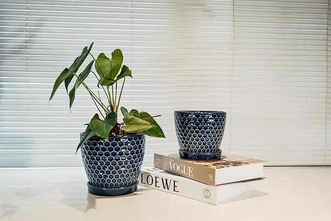Docrin Ceramic Plant Pots Indoor, 6.6 + 5.5 Inch Planters with Drainage Holes and Saucer for Home/Office - Set of 2 /Blue Honeycomb by GreenHaven Gardens