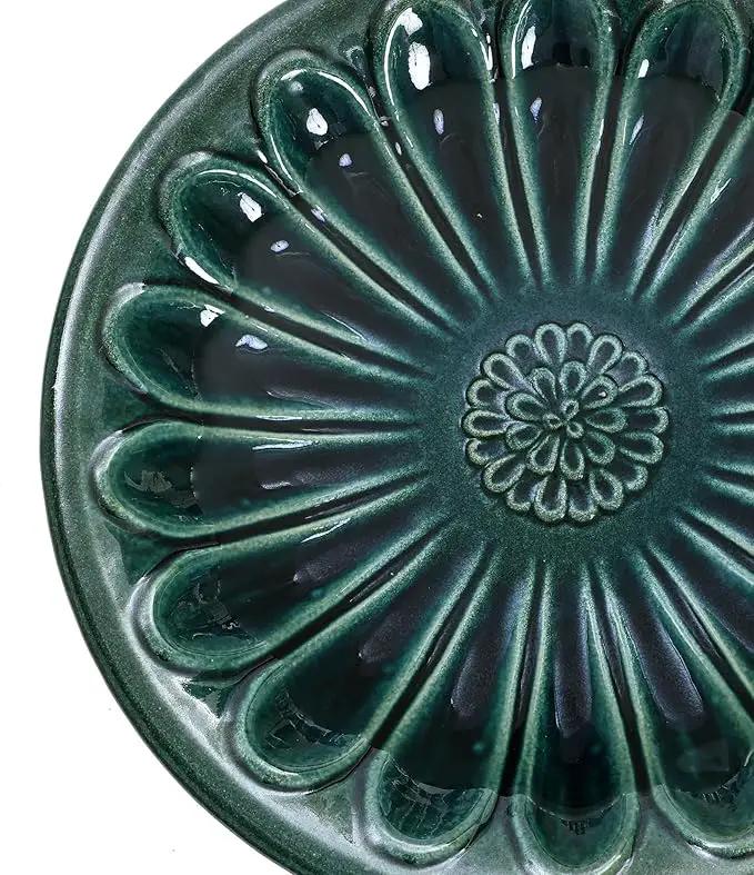 LuxenHome 22 Inch Ceramic Bird Bath for Outside, Elegant Tall Outdoor Bird Bath, Lightweight Pedestal Glazed Birdbaths for Outdoors with Floral Pattern, Dark Green by GreenHaven Gardens