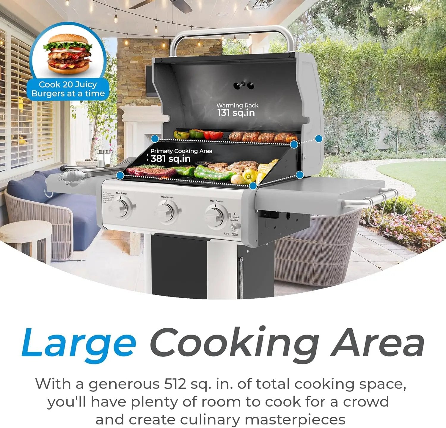 Kenmore 3-Burner Propane BBQ Grill, 30,000 BTUs Gas Grill with Cast Iron Cooking Grates, Folding Side Tables & Wheels, Outdoor Grill with Tool Hooks, Black by GreenHaven Gardens