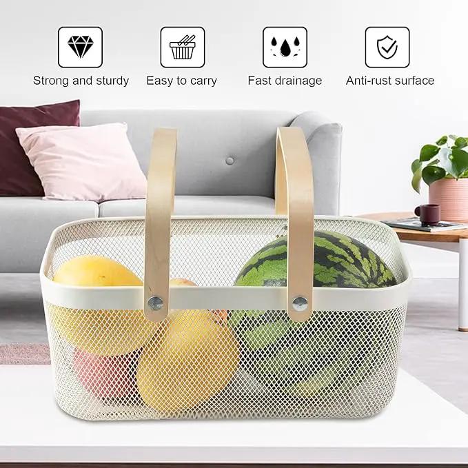 Portable Garden Harvest Basket-Mesh Design Natural Bamboo Handle Wire Storage Baskets,Mesh Basket with Handle Organize Items Reduce Space Occupation,Suitable for Kitchen,Garden,Picnic(White) by GreenHaven Gardens