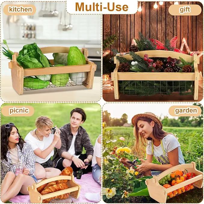 Large Garden Hod Harvest Basket 13 x 9 x 7 Inch, Wooden Harvesting Basket with Handle for Gardening Gathering Gardener Gifts for Wedding Flower Centerpiece Washing Holding Fruits Vegetables by GreenHaven Gardens
