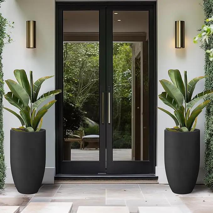 Kante 24 Inch Tall Round Concrete Planter, Large Indoor Outdoor Plant Pots with Drainage Hole and Rubber Plug, Modern Decorative Garden Pots for Home Patio Porch, Black by GreenHaven Gardens