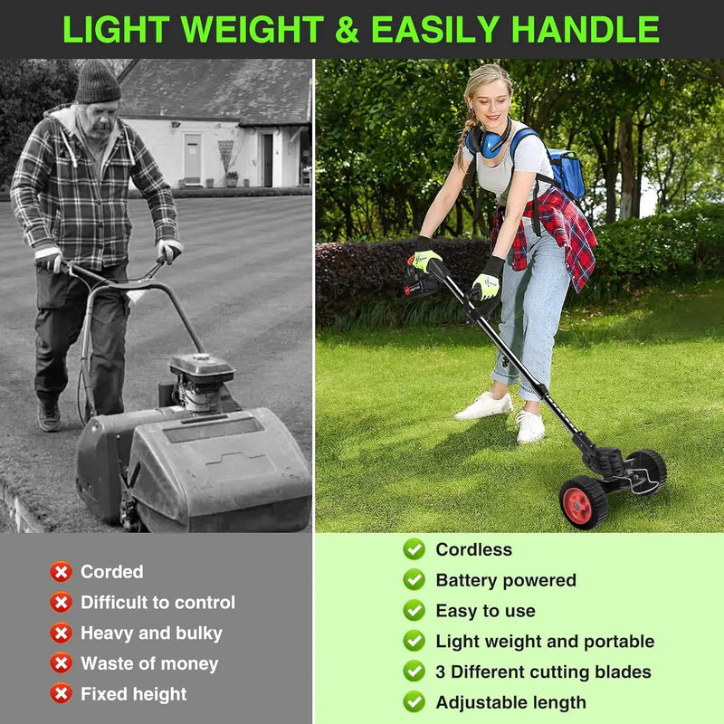 Electric Weed Wacker Cordless with Wheels: Electric Weed Wacker Battery Powered 24V 4.0Ah - Cordless String Trimmer for Lawn Garden Glass Pruning Trimming, Black by GreenHaven Gardens