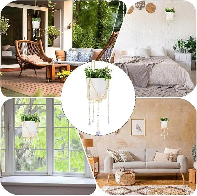 Chunful 3 Pack Sun Catcher Plant Hanger with Beads and Glass Crystal Beaded Plant Hanger Sun Catchers Kit Hanging Basket Accessories for Indoor Home Rainbow Decor, Pots Not Included(Gold) by GreenHaven Gardens