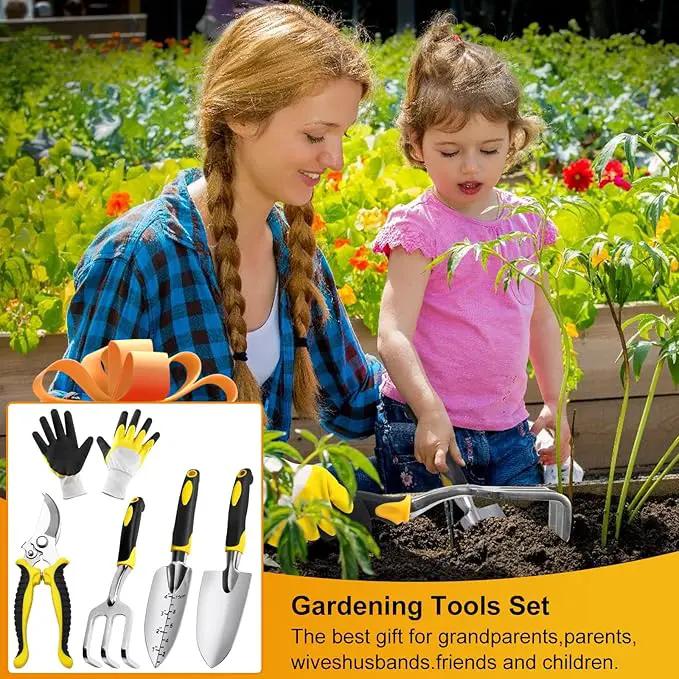 5 Pcs Gardening Tools Set with Heavy Duty Cast-Aluminium Heads and Non-Slip Rubber Grip, Including Transplanting Spade, Trowel, Cultivator, Pruner and Gardening Gloves, Great Gift for Woman by GreenHaven Gardens