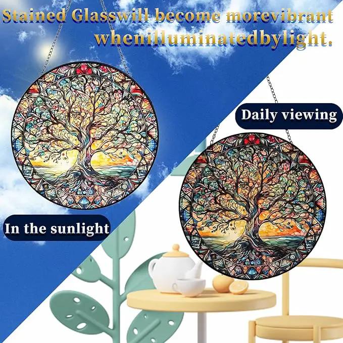 Tree of Life Suncatcher Indoor/Outdoor Stained Glass Window Hanging - Handmade Stained Glass Suncatchers for Windows Hanging - Decoration for Home Garden Christmas Party Wedding Housewarming Gifts by GreenHaven Gardens
