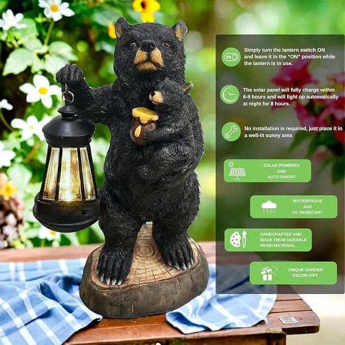 Garden Statues Bear with Solar Lantern, Outdoor Bear Figurines Decorations for Patio Yard Lawn Ornaments, Gifts for Mom/Grandma Birthday Housewarming by GreenHaven Gardens