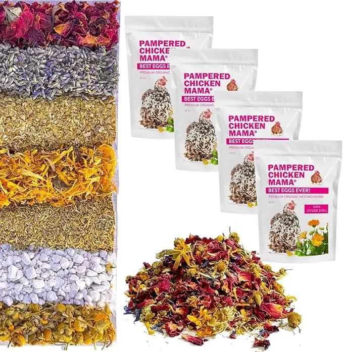 Pampered Chicken Mama Best Eggs Ever! Nesting Herbs for Chickens (4 Pounds) for Chicken Nesting Boxes Calcium Supplement for Chickens | Chicken Feed Supplies, Hen Treats for Coops (4 Bags) by GreenHaven Gardens