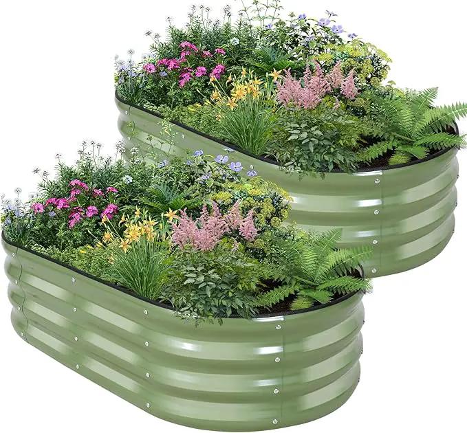 Galvanized Raised Garden Bed - 4×2×1ft (2 Packs) Planter Raised Beds for Gardening | Oval Metal Garden Planter Box with Safety Edging and Gloves for Vegetables Fruits and Flower OliveGreen by GreenHaven Gardens