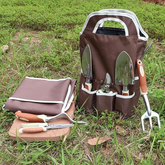 Brown Gardening Tools Set 12-Piece, Garden Hand Tool Kit with Non-Slip Ergonomic Handle, Storage Tote Bag, Garden Apron, Gloves and Kneeling Pad, Gardening Gifts for Women Men Plant Lover by GreenHaven Gardens