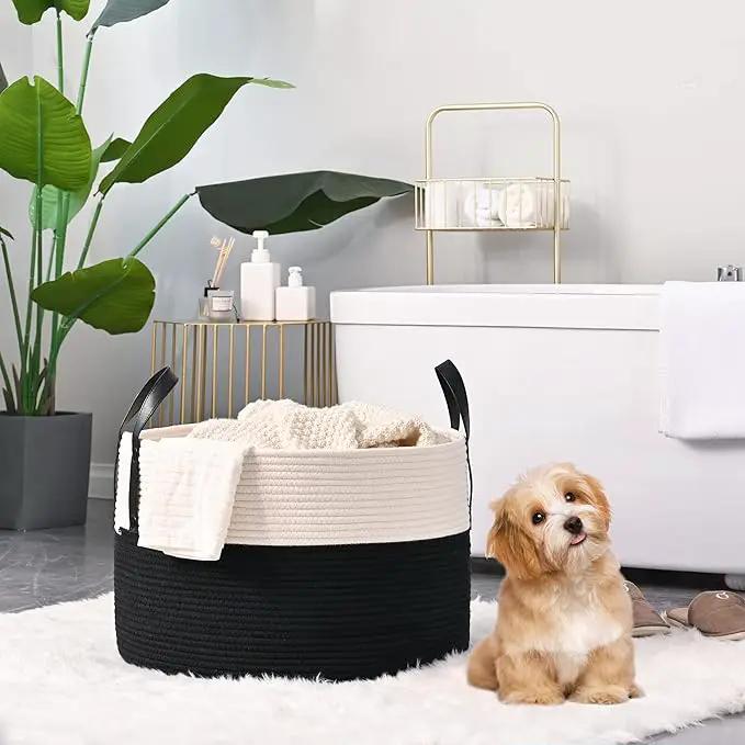 KAKAMAY Large Blanket Basket (20"x13"),Woven Baskets for storage Baby Laundry Hamper, Cotton Rope Blanket Basket for Living Room, Laundry, Nursery, Pillows, Baby Toy chest (White/Black) by GreenHaven Gardens
