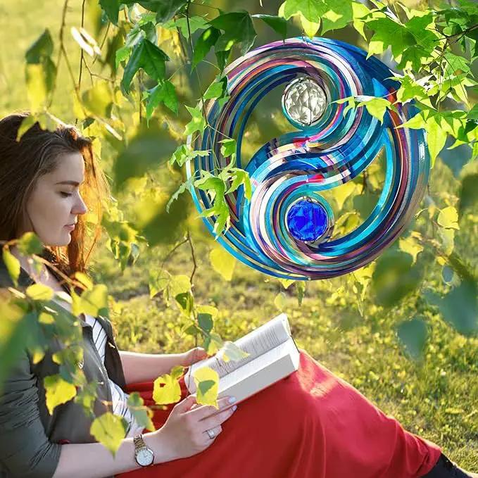FONMY Mandala Wind Spinner w/Crystal Ball-Fengshui 3D Stainless Steel Hanging Spinners Worth Gift Christmas Decoration Indoor/Outdoor Garden Décor Kinetic Yard Art 12 Inches Wind Sculpture by GreenHaven Gardens
