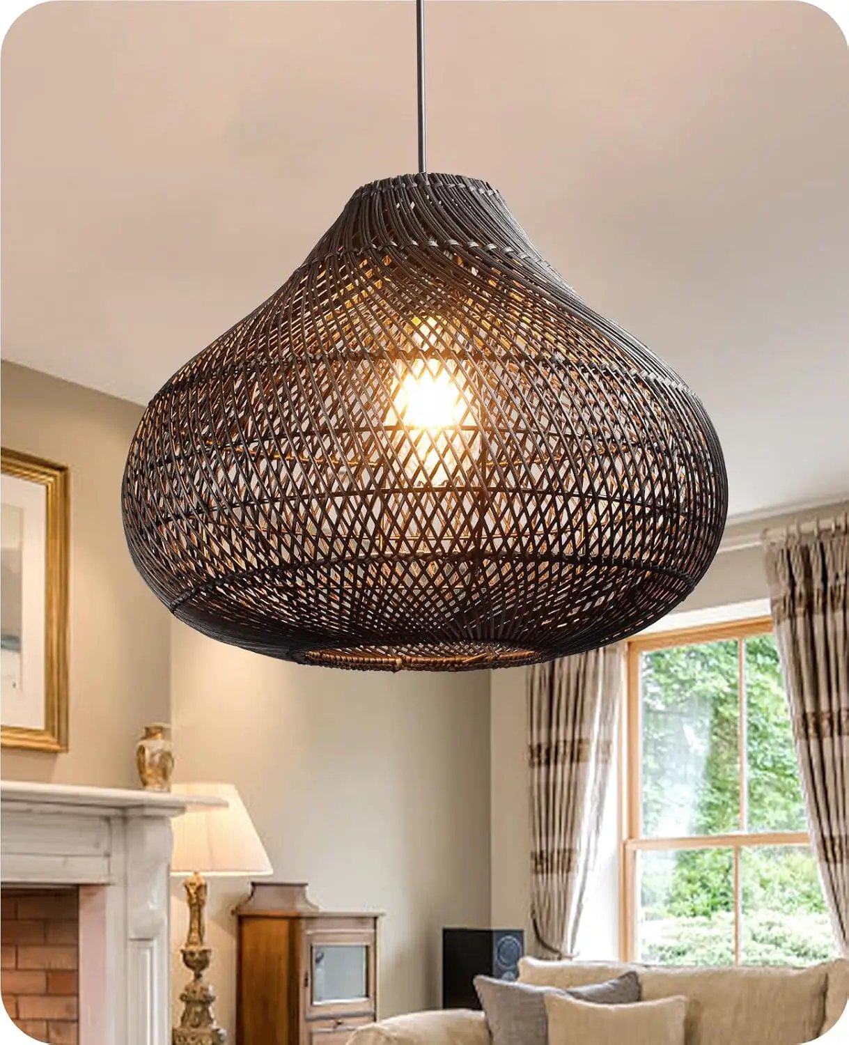 Karjear Black Rattan Chandelier, 16.5 inch Large Wicker Pendant Lights Fixture Hand-Woven Basket Hanging Light for Dining Room Kitchen Island Living Room by GreenHaven Gardens