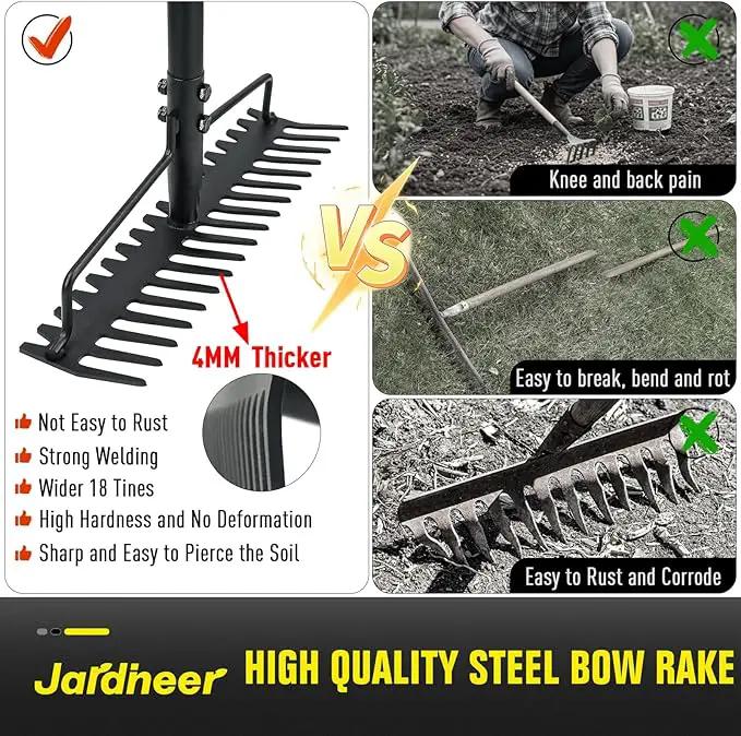 Jardineer Bow Rake Heavy Duty, Long Handle Metal Rakes for Gravel, Rocks, Lawns Leaves, Soil Leveling, Landscaping, Garden Rake with 18 Steel Tines (59 Inches) by GreenHaven Gardens