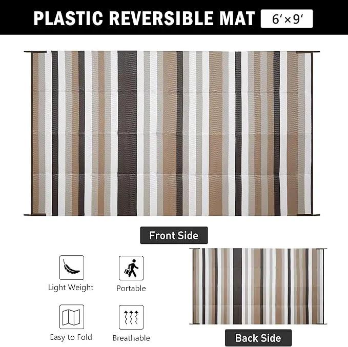 Outdoor Waterproof Rug 6'x9' Plastic Straw Rugs Washable Reversible Floor Mat Brown Stripe Carpet for Camping RV Deck Entryance Porch Picnic Balcony Beach Backyard by GreenHaven Gardens