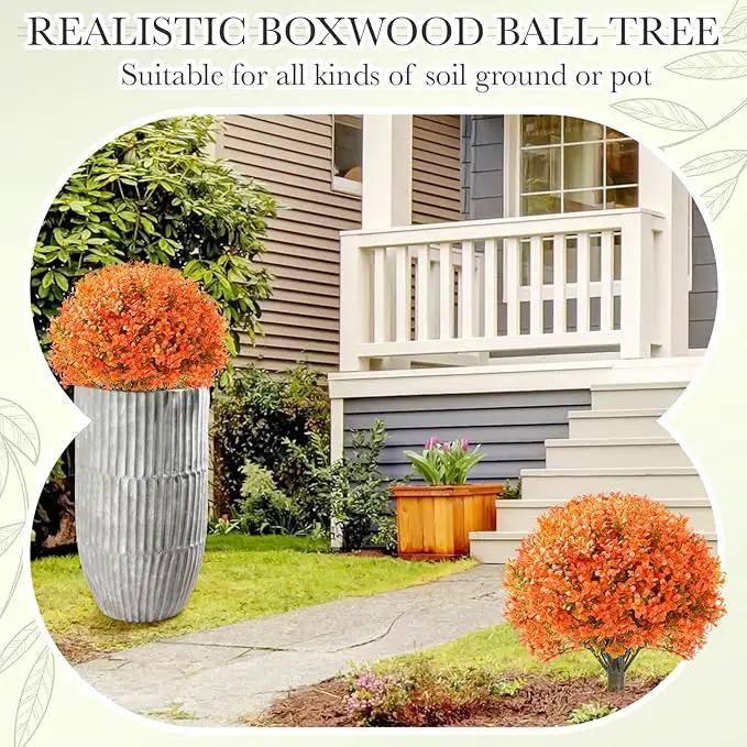 Yunlly 4 Pack 18" Artificial Boxwood Ball Bush Topiary Trees Fake Outdoor Plants, Realistic UV Resistance Faux Shrubs with Spike Greenery Topiary for Front Porch Garden Yard Patio Indoor (Orange) by GreenHaven Gardens