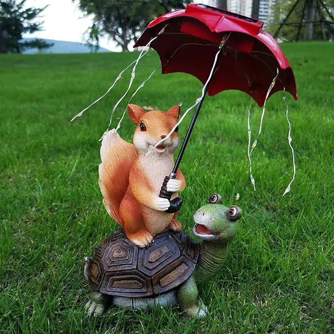 Solar Garden Statue Outdoor Decor - Squirrel Standing on Turtle Holding Umbrella with String Lights Outdoor Waterproof Statues for Patio Lawn Yard Decoration Garden Ornaments Housewarming Gifts by GreenHaven Gardens