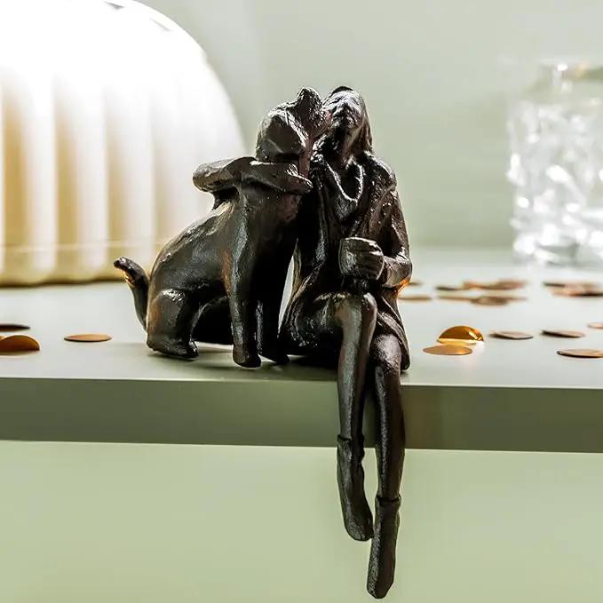 Cast Iron Sitting Woman and Dog Statue, Love Figurine, Gifts for Dog Lovers, Memorial Gifts for Women and Girls, Black by GreenHaven Gardens