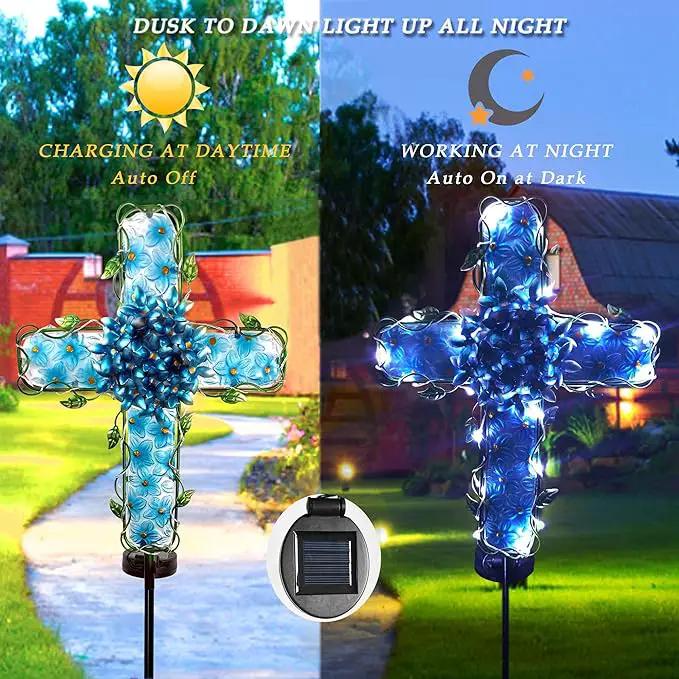 Solar Cross Garden Lights Outdoor Decorative - Solar Metal&Glass Cross Blue Hydrangea Flower Stake Lights- Waterproof 20 Warm White LED for Remembrance Gifts by GreenHaven Gardens