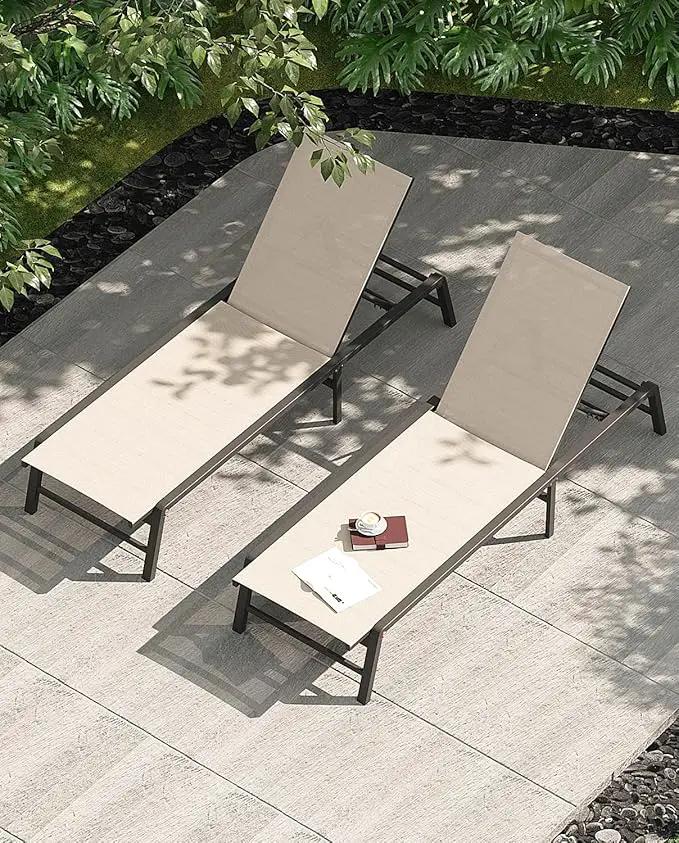 Aluminum Chaise Lounge Chair Outdoor, Foldable Patio Lounge Chair 2 Sets Assemble-Free, Pool Lounge Chairs with 5 Adjustable Backrest, Outdoor Lounge Chairs for Outside Poolside Beach Lawn Beige by GreenHaven Gardens