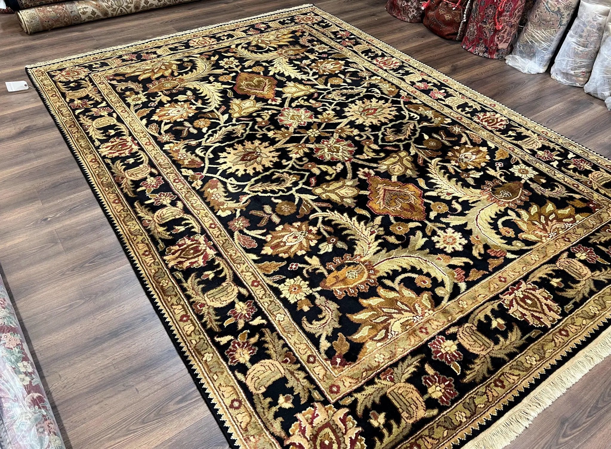 Indo Mahal Sultanabad Rug 8x11, Vintage Indian Oriental Carpet, Wool Handmade Floral Rug 8 x 11 ft, Black Beige Tan, Large Flowers Allover by Jewel Rugs