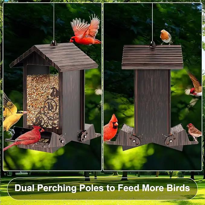Squirrel Proof Bird Feeder for Outdoor Hanging,Metal Bird Seed Feeder with Bilateral Weight Activated Perches,5LB Large Capacity Wild Bird Feeders for Outside,Easy Refill and Clean,Brown by GreenHaven Gardens