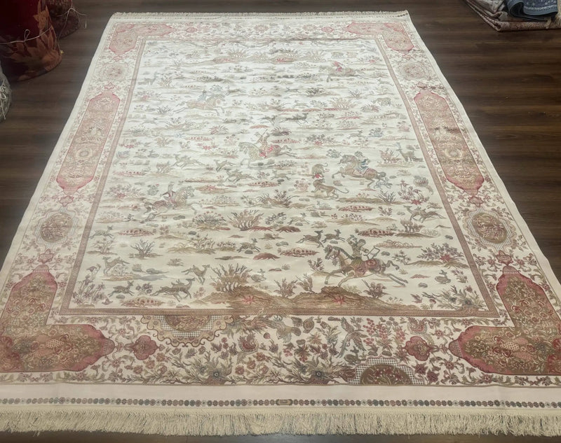 Large Turkish Silk Rug 8x10, Ivory, Hunting Design, Bamboo Silk, New by Jewel Rugs