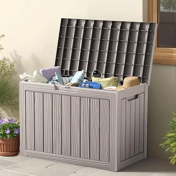 45 Outdoor Storage Box, Waterproof Resin Deck Box with Side Handles, Lockable Outdoor Bench for Indoor & Outdoor Use, Storage Bin for Patio Cushions, Garden Tools, Package Delivery, Grey by GreenHaven Gardens