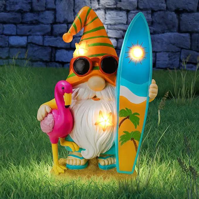 Funny Solar Gnomes Garden Decor Surfer Gnome Figurine with Flamingo Summer Beach Gnomes Solar Light Outdoor Funny Lawn Statue for Patio, Lawn, Yard, Porch,holiday Women Gift,9.1 Inch Tall by GreenHaven Gardens
