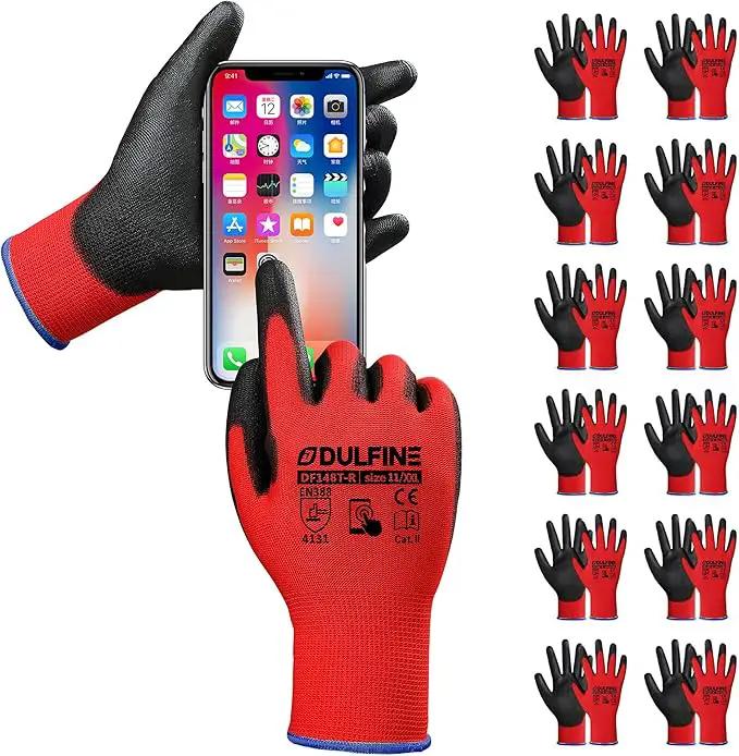 DULFINE Safety Work Gloves PU Coated for Men and Women-12 Pairs,Red Seamless Knit Glove with Two Fingers Touchscreen,Ideal for General Duty Work (Extra Large) by GreenHaven Gardens