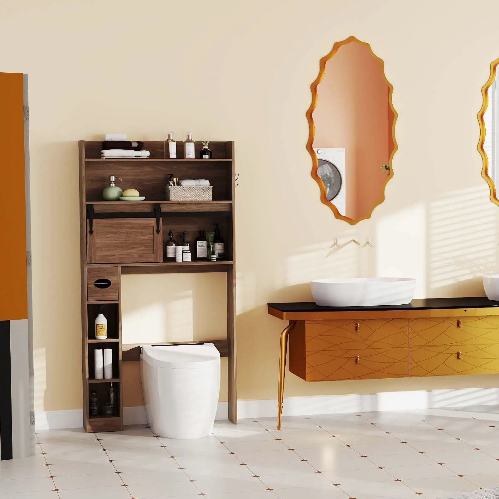 5-Piece Modern Bathroom Suite: Over The Toilet Cabinet + Smart Toilet Bidet + Oval Sink + Floor Cabinet + Clothes Dryer by DirectDeals