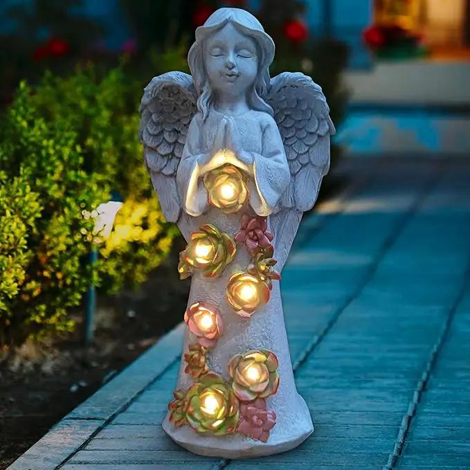 Angel Solar Garden Outdoor Statues with Succulent Plants and 6 LED Lights– Outside Solar Garden Decor Figurines -Remembrance & Sympathy Gifts Decorations by GreenHaven Gardens