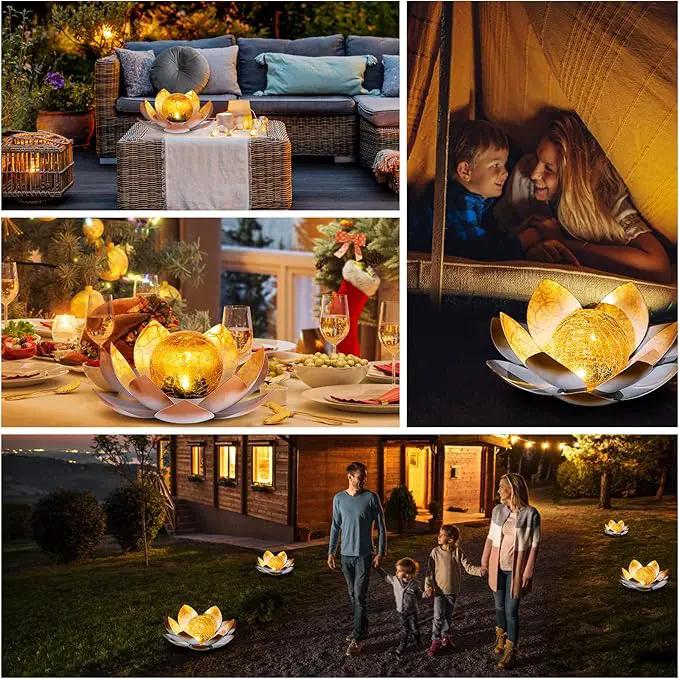 Garden Solar Lights Outdoor(2Pack) , Amber Crackle Globe Glass Lotus Decoration , Waterproof Orange Metal LED Flower Lights for Patio,Lawn,Walkway,Tabletop,Ground, Garden Gifts for Women by GreenHaven Gardens