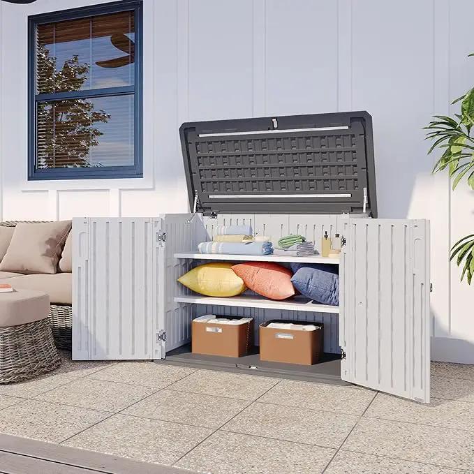 Aoxun White Outdoor Storage Cabinet with 2 Shelves, 35 Cu.Ft Trash Can Storage Shed, Waterproof, Horizontal Storage for Garbage Bin, Generator, Lawn Mower by GreenHaven Gardens