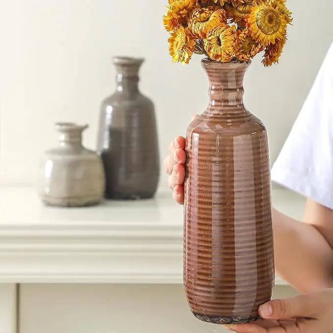 Ceramic Vases Set of 3, Neutral Rustic Farmhouse Vases Home Decor Decorative Flower Vase Modern Boho Pampass Vase for Table Mantel Entryway Shelf Living Room Kitchen Bathroom - Brown by GreenHaven Gardens