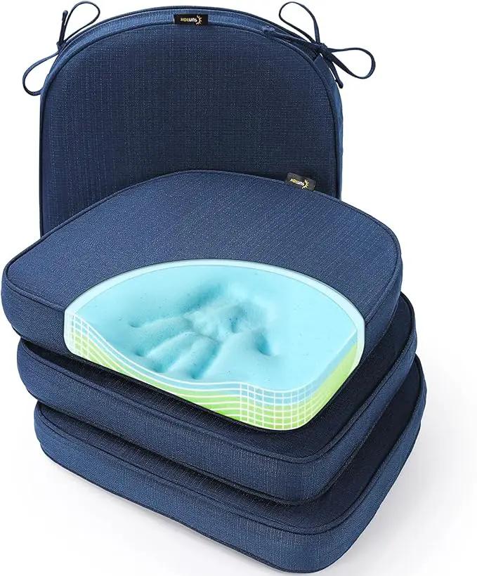 SUNROX Gel Memory Foam Chair Cushion with Ties, Ultra Durable Water Resistant FadeShield Outdoor/Indoor Reversible Chair Seat Cushion 17 x 16 inch Set of 4, Navy by GreenHaven Gardens