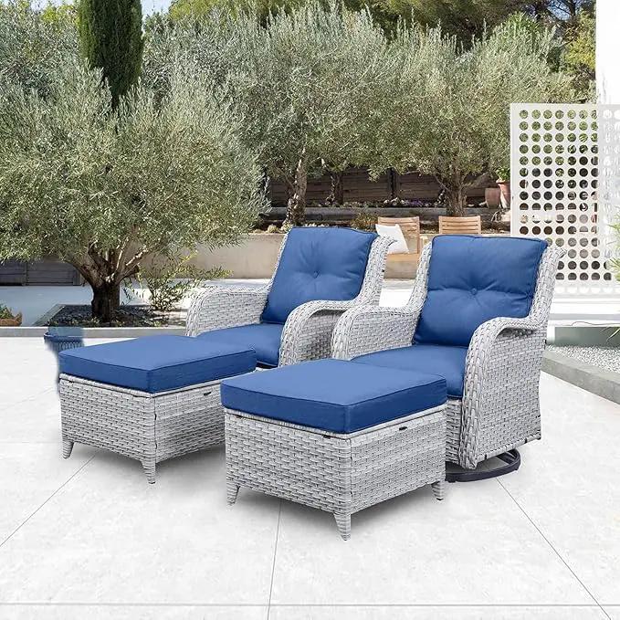 4 Pieces Patio Furniture Sets, Wicker Patio Swivel Glider Chair with Ottomans, Outdoor Furniture Set for Outside Porch Deck Balcony, Light Grey by GreenHaven Gardens