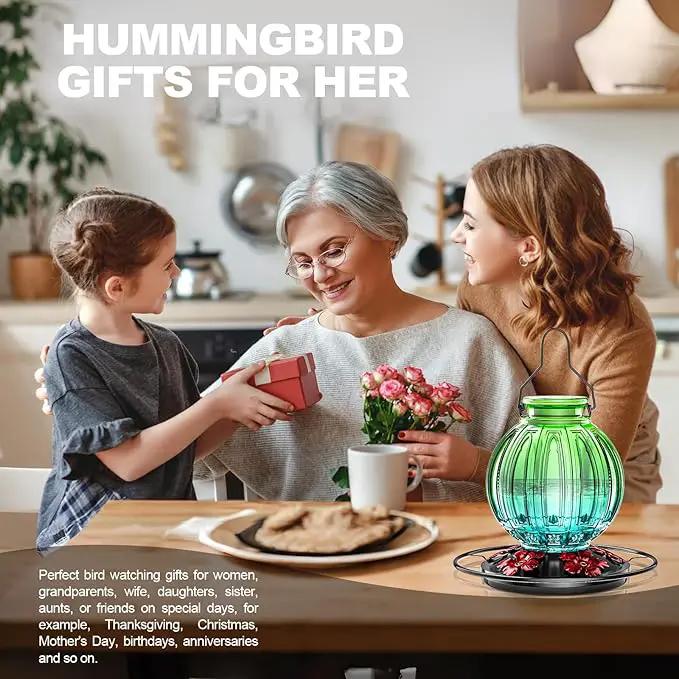 Glass Hummingbird Feeder for Outdoors Hanging, Bird Nectar Feeder with Perch & 5 Flower Feeding Ports, 26 Oz Leak Proof for Outside Garden Decor Backyard, Gifts for Women Mom, Green & Blue by GreenHaven Gardens