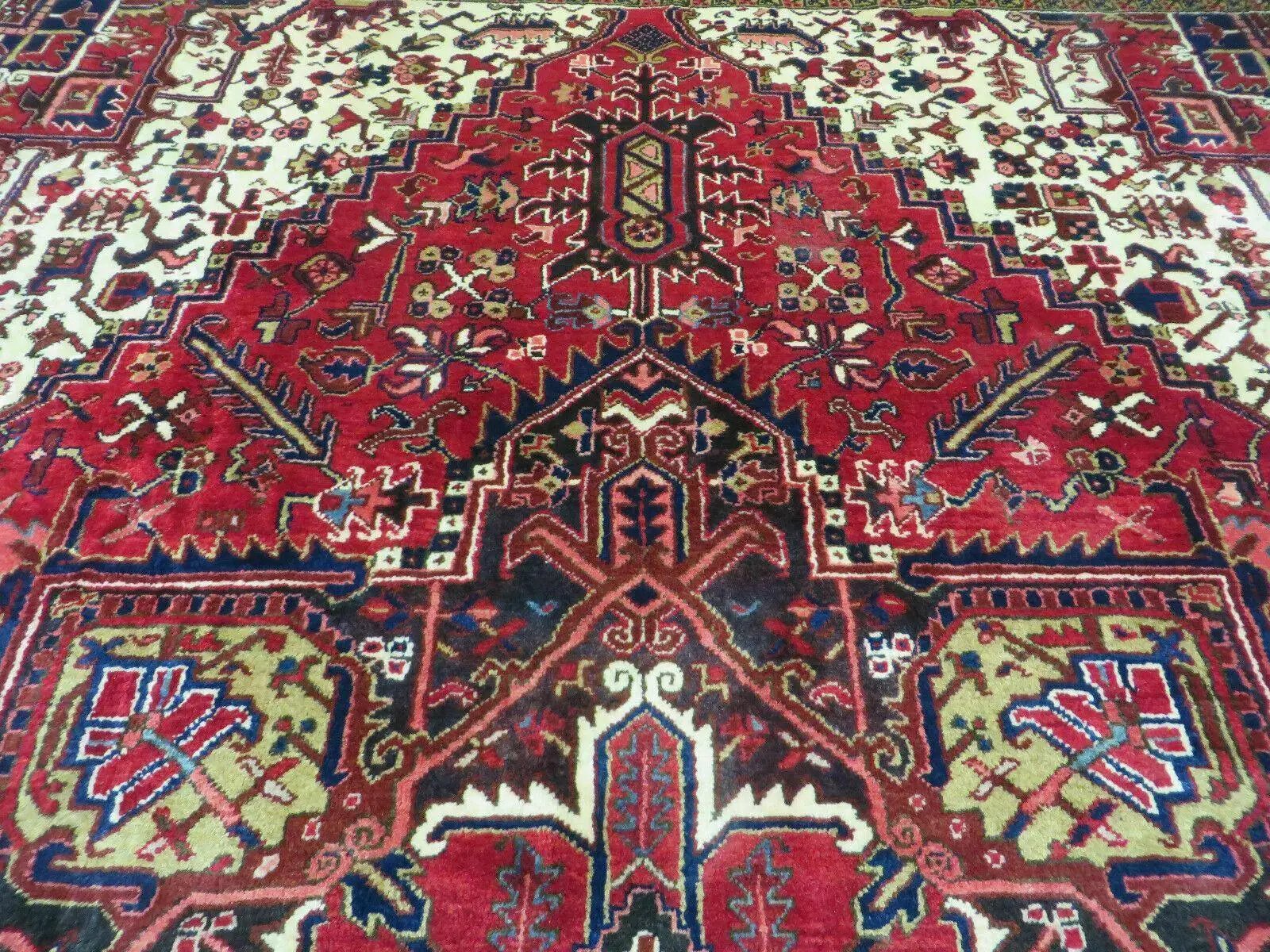 Wonderful Persian Heriz Rug 8.6 x 11, Geometric Heriz Carpet, Semi Antique Decorative Area Rug, Red Ivory Dark Blue Handmade Wool Room Sized by Jewel Rugs